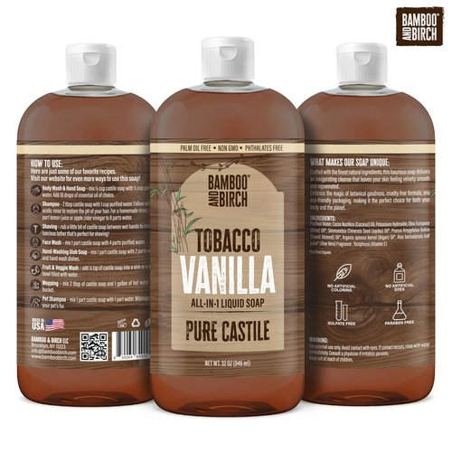 BAMBOO AND BIRCH Pure Castile Soap Liquid, Certified Palm Oil Free Natural Soap, Tobacco Vanilla, 32 oz
