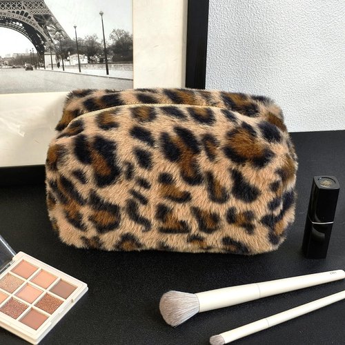 STARDW Leopard Print Makeup Bag - Plush Faux Fur Travel Cosmetic Pouch with Zipper