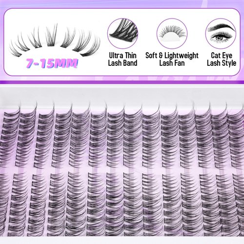 PHKERATA Wispy Lash Extension Kit Natural Lash Clusters Kit DIY Eyelash Extensions Kit 252 pcs Individual Lashes Clusters Wispy Eyelash Clusters with Lash Bond and Seal at Home Cat Eye Cluster