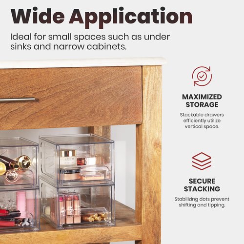 Oizeir Clear Stackable Storage Drawers - 2-Pack Acrylic Makeup Organizer Bins for Vanity, Bathroom, Countertop, Cabinet, or Kitchen - Perfect for Cosmetics, Office, and Small Item Organization
