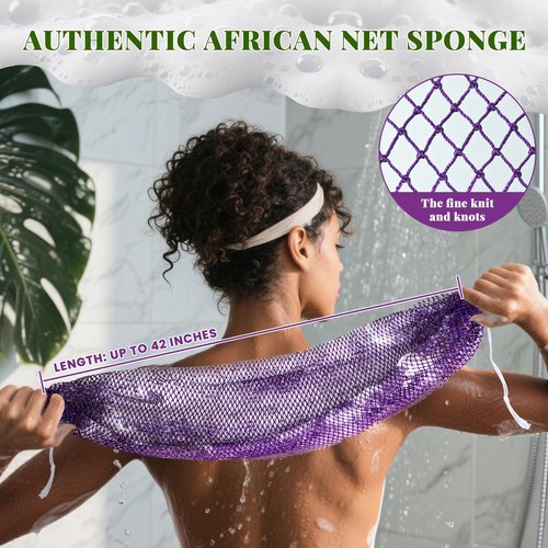 African Net Sponge Authentic, 3 Pieces Exfoliating Scrubber Bath Sponge for All Skin Types, Back Scrubber Loofah Washcloth for Shower, Gentle Exfoliation (Brown,Purple,Black)