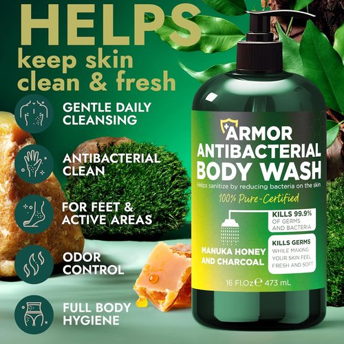 Antibacterial Body Wash by [Brand Name] - Kills 99.9% of Germs | Manuka Honey & Charcoal, 16 fl oz