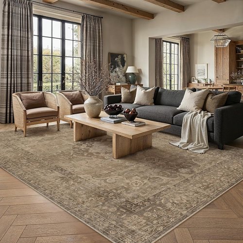 PureCozy Brown 6x9 Area Rug - Non-Slip Washable Floral Vintage Design for Living Room & Bedroom