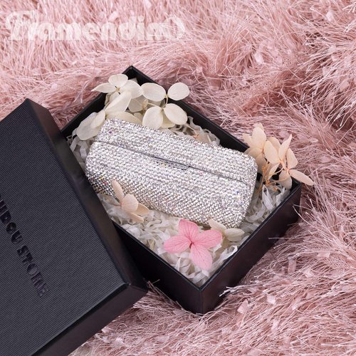 Framendino, Rhinestone Lipstick Case with Mirror Bling Crystal Lip Pomade Holder for Women (Silver)