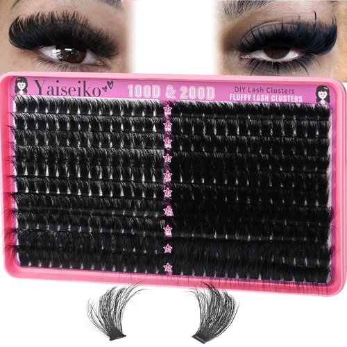 Lash Clusters 100D+200D Thick Volume Eyelash Clusters 12-25mm Wispy Individual Mega Lashes Cluster Long Eyelash Extensions 280Pcs DIY Lash Extension Replacement for Yaiseiko