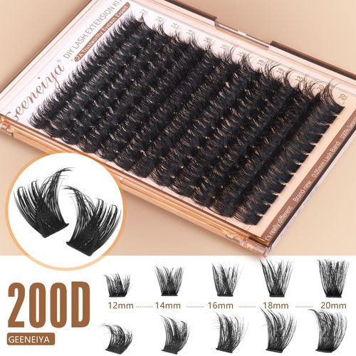 Geeneiya 200D Lash Clusters Kit Thick Lash Extension Kit 10-20mm Wispy Cluster Eyelash Extensions Individual Eyelashes Kit with Lash Bond and Seal DIY Lashes Applicator for Beginners