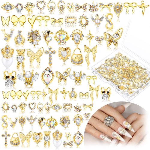 Lounsweer Gold Nail Charms and Gems Metal Crown Heart Butterfly Angel Luxury Crystal Diamonds Decor 3D Gold Rhinestones Shiny for Acrylic Nails Art Alloy Women Art Design DIY
