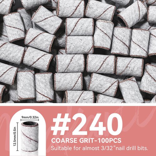 Makartt Sanding Bands for Nail Drill - 100 Pcs Nail File Sanding Bands for Drill Bits #240 Medium Grits for Acrylic Nails Gel Removing and Shaping, Upgrade Thicker Durable Sanding Drill Bit, White