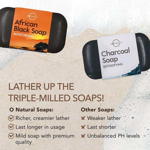 O NATURALS 100% Natural Bar Soap - Gift Set - Organic Ingredients & Essential Oils - Spa Gifts for Women & Men, Body Wash & Face Soap - 6PC Black Soap Collection