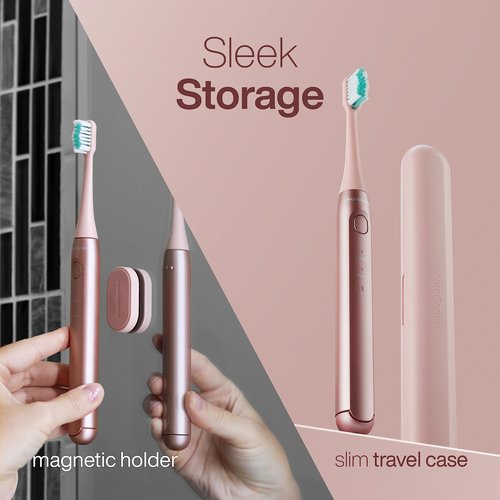 Aquasonic Icon ADA-Accepted Rechargeable Toothbrush | Magnetic Holder & Slim Travel Case | 2 Brushing Modes & Smart Timers | Gentle Micro-Vibrations (Blush)