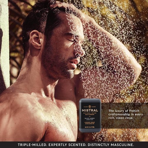Mistral Black Amber Luxury Bar Soap for Men - Natural, Moisturizing & Triple-Milled | 8.8 oz, Paraben-Free