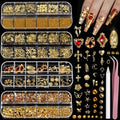 Teenitor Gold Nail Charms and Gems Set, 4 Boxes Nail Gems Nail Pearls Nail Art Tools, 3D Cross Nail Charms Heart Nail Rhinestones for Nails Supplies, Charms for Nails Design Nail Art Kit