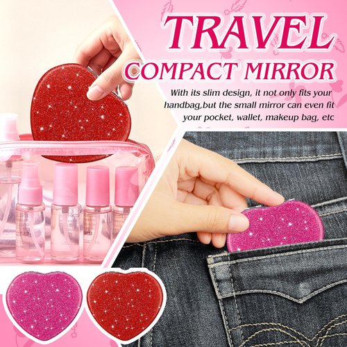 Geelin 6 Pcs Valentine's Day Heart Compact Folding Mirror Galentine Double Sided Mini Vanity Mirror Portable Travel Makeup for Purse Cute Glitter Cosmetic Looking Glass for Women Mom (Rose Red,Red)