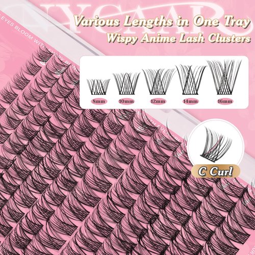 NYCAAR Lash Clusters Kit Wispy Natural Lash Extension Kit D Curl 144Pcs Fluffy Individual Lashes 8-18mm Anime Eyelash Extension Kit with Bond and Seal,Applicators DIY Lashes Kit at Home(NY03)