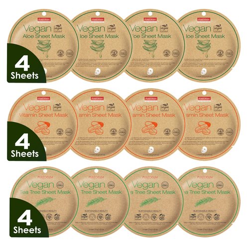 Purederm Vegan Facial Sheet Masks Trio (12 Packs) – Face Masks Skincare for Dry, Dehydrated and Dull Skin