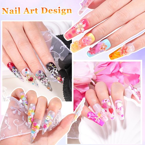 8000Pcs 3D Nail Charms and Nail Gems, Mixed Shapes and Colors Nail Charms Gold Silver Cross Star Caviar Beads Pearls Pink White Flowers Bows Charms with Tweezers for Nail Art Design Junk Case