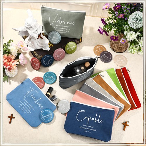 Geelin 24 Sets Christian Gifts Bulk Religious Canvas Makeup Bags with Bible Verse and Compact Mirrors Inspirational Gift for Women Teacher Staff Coworker Church Ladies Easter Holiday Gifts (Classic)