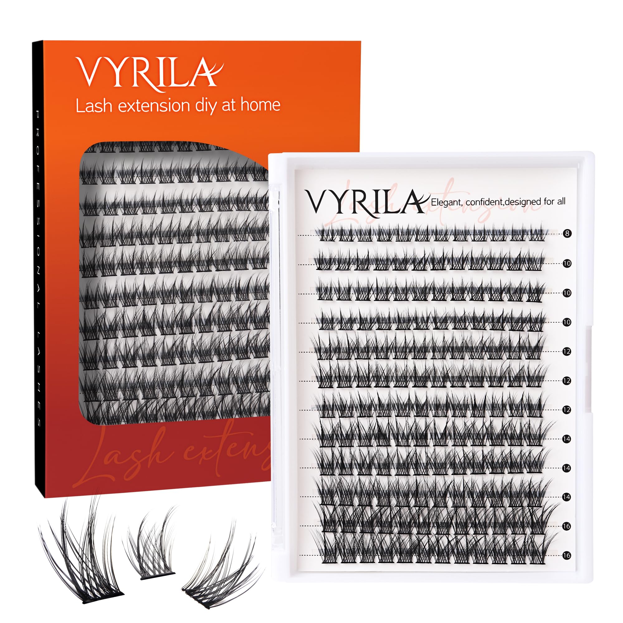 VYRILA Lash Cluster 144pcs Individual Lashes,8-16mm Diy Lash Extension,C Curl Lash Clusters Wispy,3D Natural Lash Clusters Look Like Eyelash Extension DIY at Home (Orange Spirit-C-8-16mix)