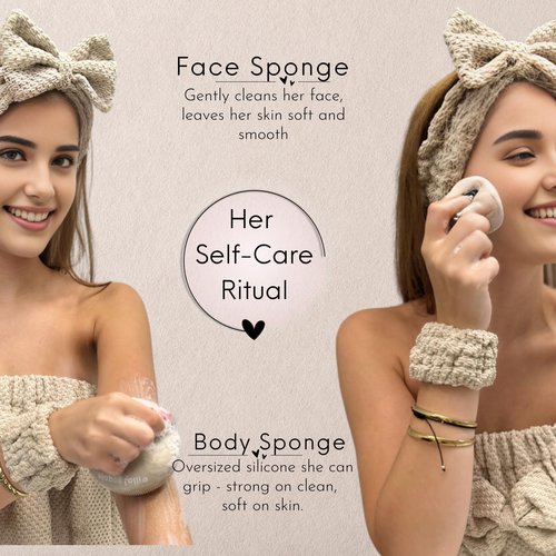 Happy Lolli Power Shower Gift Set – College Essential Bath Accessories for Women and Teen Girls – Includes Body Towel, Hair Towel, Wrist Bands, Headband, Face Sponge and More (Fresh in Beige)