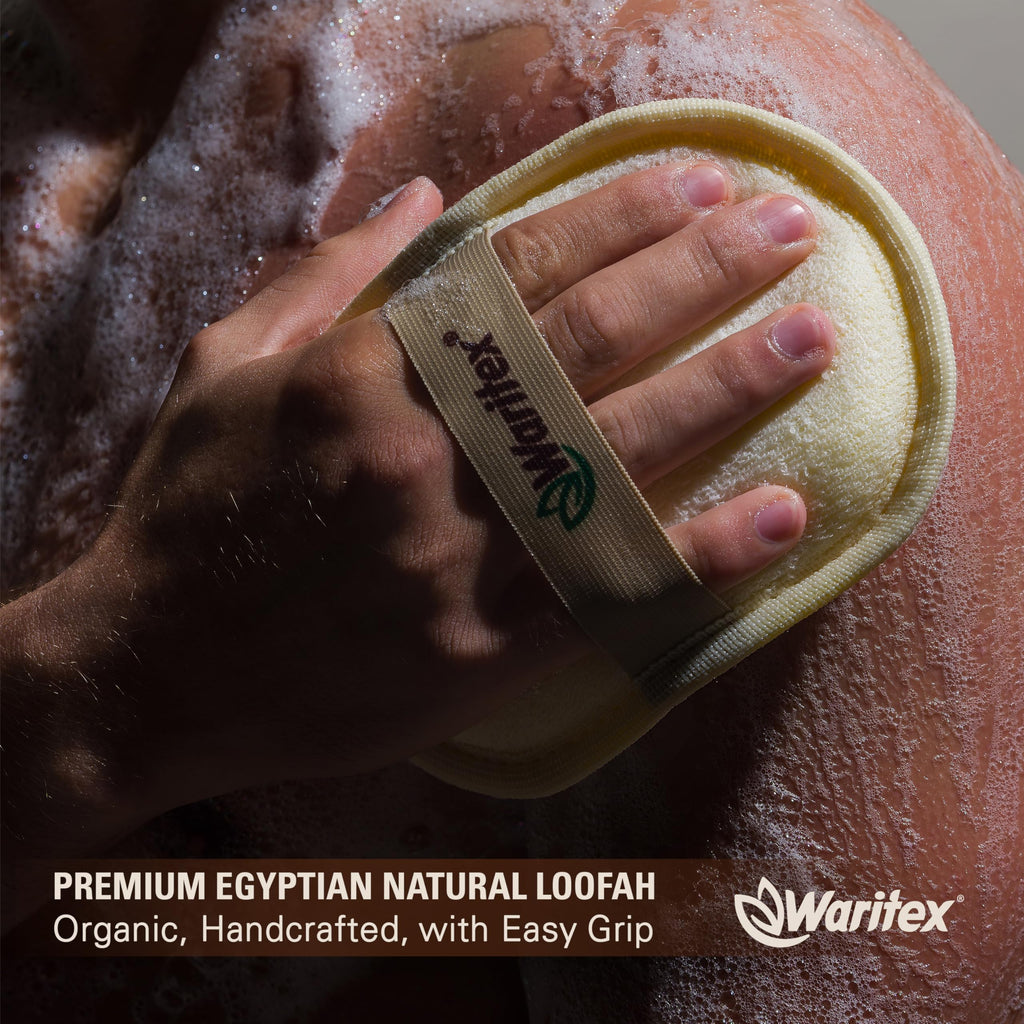 Waritex Egyptian Loofah Exfoliating Body Scrubber with Hand Strap, Oval Shower Pads Made from Natural Egyptian Loofah Fibers, Gentle Cleansing for Face and Body, for Men and Women 2 Count (1 Pack)