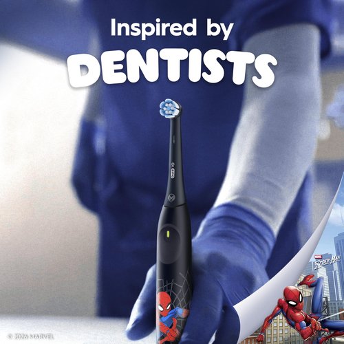 Oral-B iO Kids Limited Rechargeable Electric Powered Toothbrush, Spiderman with 1 Gentle Care Brush Head - Automatic Pressure Sensor to Protect Gums - 3 Cleaning Settings - 2 Min Music Timer