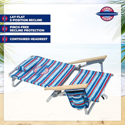 Tommy Bahama Folding Beach Chair - 5-Position Lay Flat Design, Aluminum Frame, Red, White & Blue Stripe