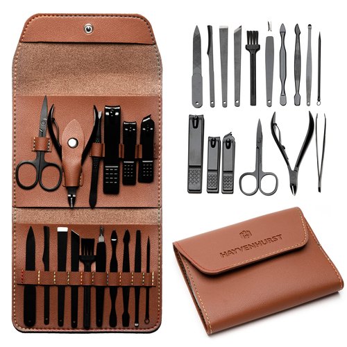 Nail Kit - Nail Clipper Set - Manicure Set -16 Stainless Steel Pieces Manicure Kit For Men’s - Pedicure Kit For Men - Mens Grooming Kit With Brown Leather portable Case by Hayvenhurst