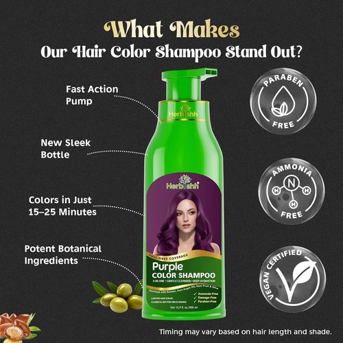 Herbishh Magic Hair Dye Shampoo - Ammonia-Free Color Treatment for Gray Hair - 500ml | Long-Lasting Purple