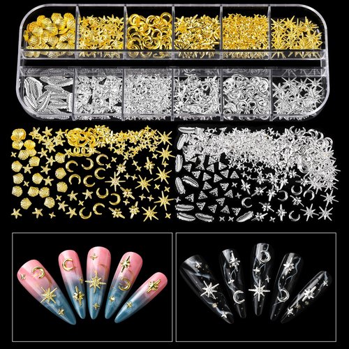 Teenitor Nail Charms and Gems with Nail Stickers, 6 Boxes Silver & Gold Nail Gems and Rhinestones Kit for Women, 3D Nail Art Rhinestones Nail Pearls, Caviar Beads for Nails,Y2K & Cross Nail Charms