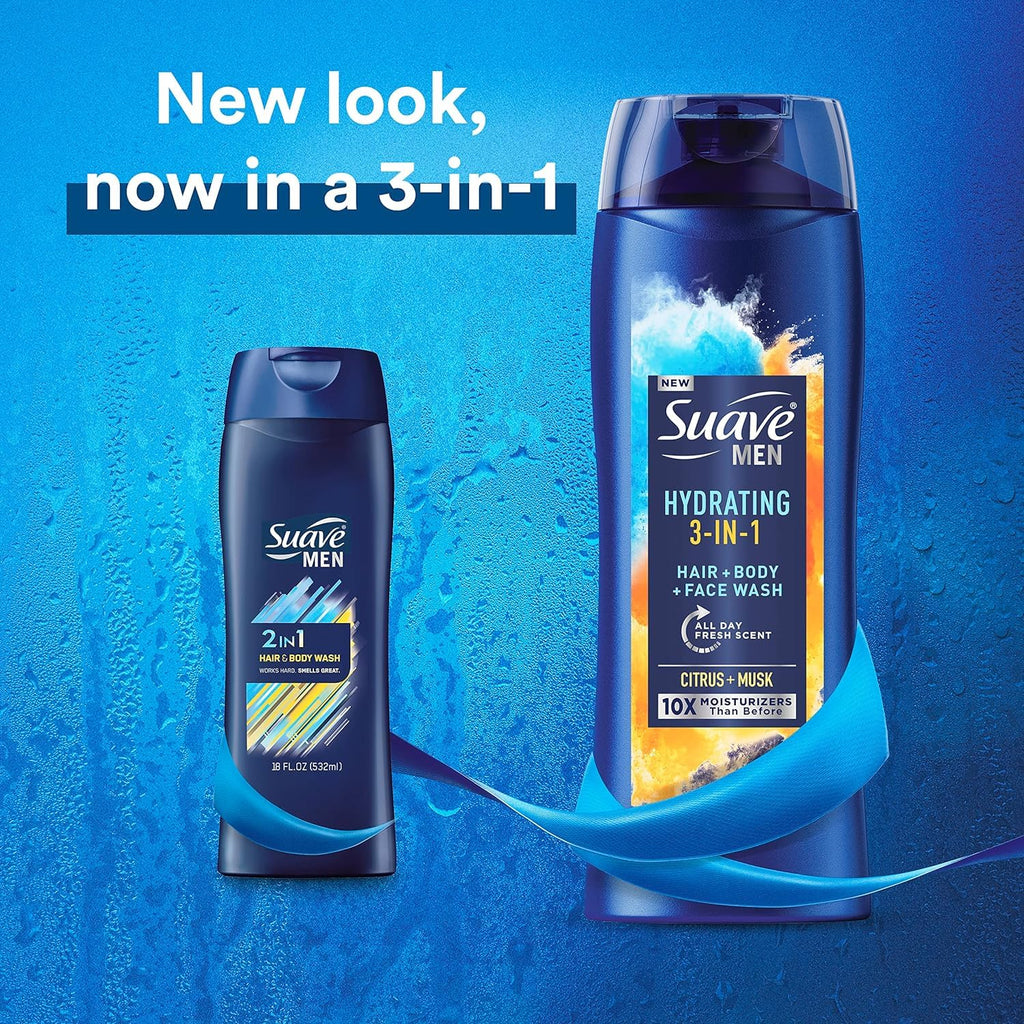 Suave 3-in-1 Moisturizing Body, Face & Hair Wash - Hydrating Citrus & Musk Scent, 18 Oz | Pack of 6