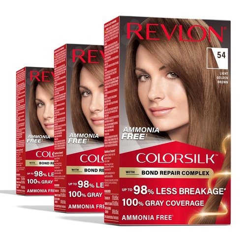 Revlon ColorSilk Permanent Hair Color - 100% Gray Coverage, Ammonia-Free, Vegan Keratin | 54 Light Golden Brown (Pack of 3)