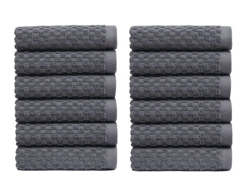 COTTON CRAFT Euro Spa Waffle Wash Cloth - Set of 12 Luxury Pure Ringspun Cotton Waffle Weave Bathroom Face Towel - Everyday Absorbent Hotel Gym Shower Beach Kitchen Travel Dorm - 12x12 inches - Grey