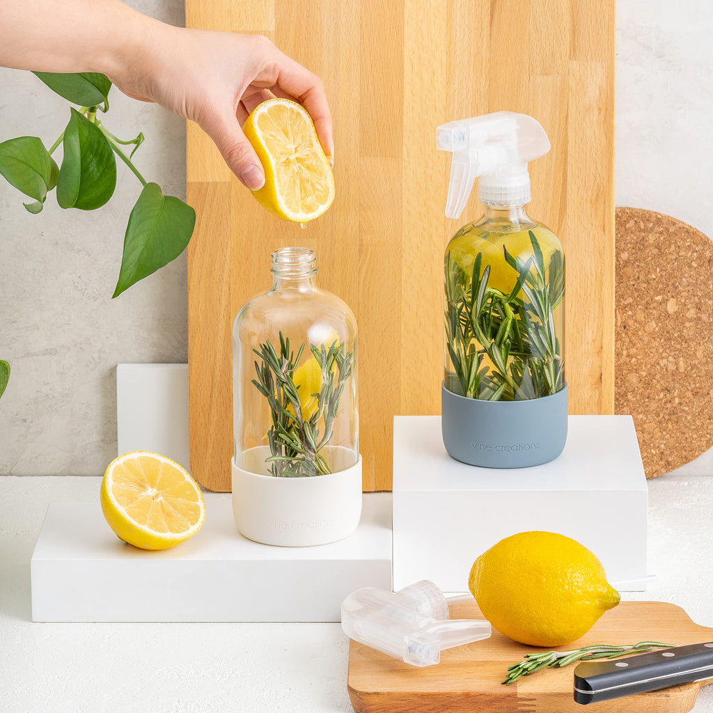 Vine Creations Glass Spray Bottles for Cleaning Solutions, Clear Glass Spray Bottle with Silicone Sleeve, 16 oz Empty Spray Bottles for Cleaning, Plant Spray Bottle, Mist and Stream Nozzle - 2 Pack