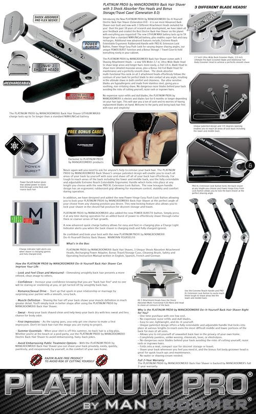 MANGROOMER Platinum Pro Back Shaver - 3 Flex Heads, Power Hinge & Extreme Reach Handle | Bonus Case Included