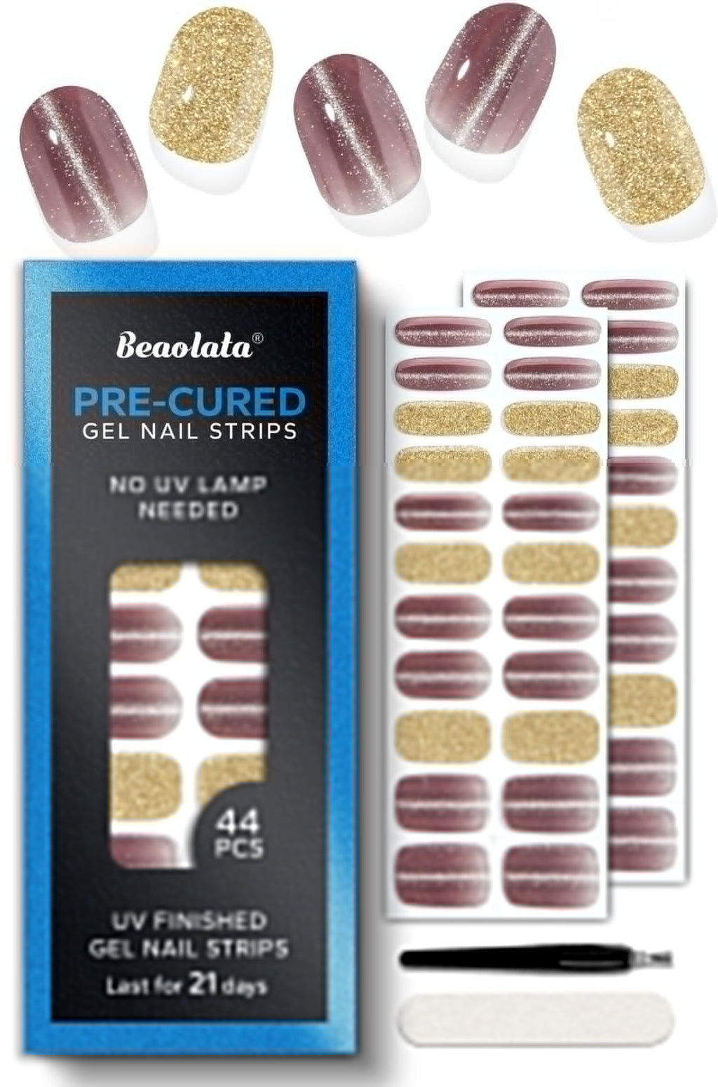 Beaolata Real Gel Nail Strips (No UV Light Needed) - 44Pcs Salon Quality Nail Stickers - Long Lasting Polish Wraps for Women, Easy Apply & Remove (Gothic Purple）