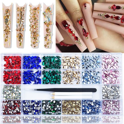 3820 Pcs Rhinestones for Nails, Red Emerald Green Royal Light Lake Blue Gold Nail Rhinestones Crystals Multi Shaped Sized Flatback Nails Glass Gems Crystals for Nails DIY Crafts