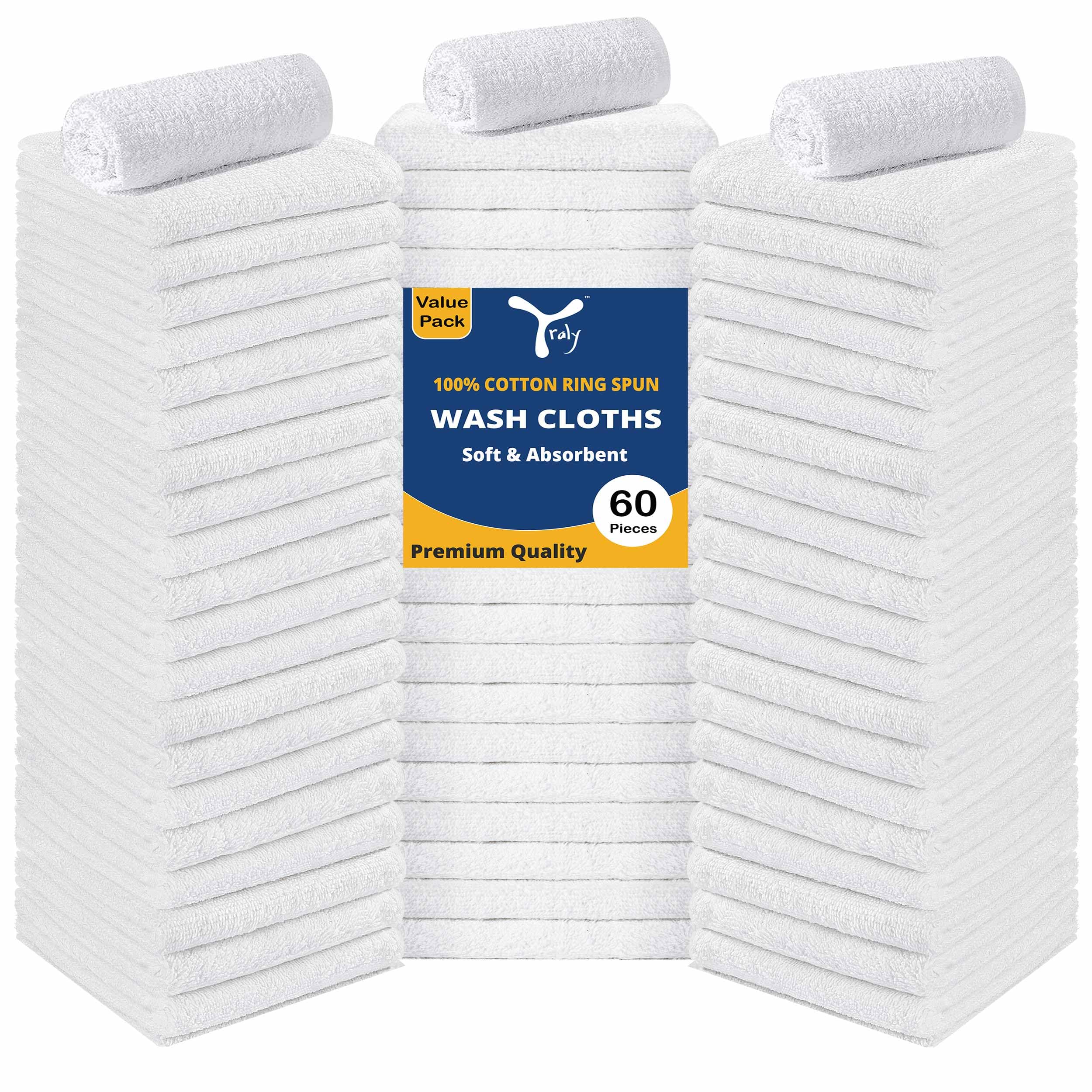 YRALY Cotton Washcloths Bulk (60 Pack) - 100% Ring Spun Cotton, Premium Quality Face Cloths, Highly Absorbent and Soft Fingertip Towels, Wash Cloths (12x12 inch, White)