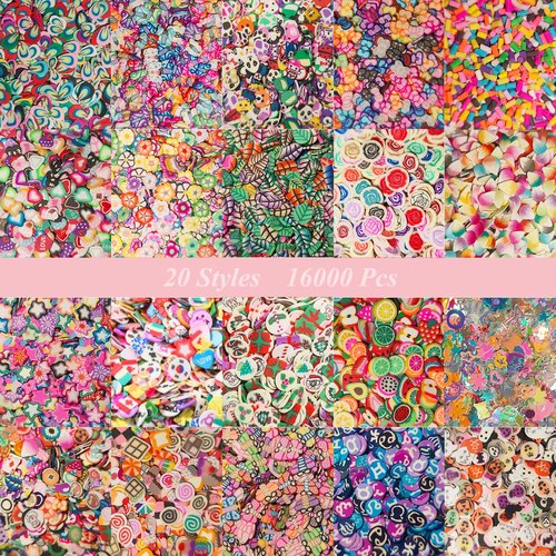 20000 pcs (20 Styles) Clay Slices Charms, VEINARDYL Nail Art Slices Fruit Heart Flower 3D Polymer Clay for DIY Crafts Resin Slime Making Cellphone Decoration