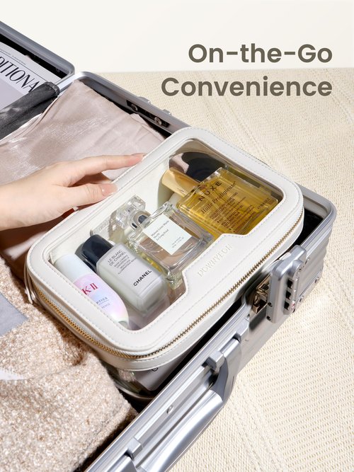 ROWNYEON Clear Makeup Bag,PVC Clear Toiletry Bag For Women,Waterproof Faux Leather Travel Makeup Bag with Handle Large Opening & Gold Zippers,Car Essentials for Women Gift