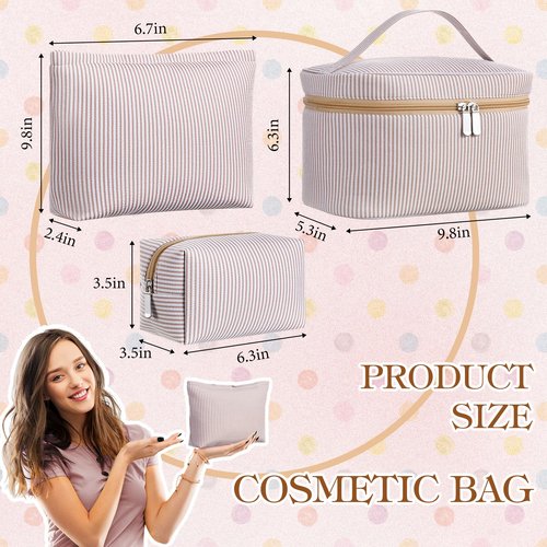 Huhumy 3 Pieces Makeup Bag Set for Women Cute Seersucker Cosmetic Pouch Travel Toiletry Bag Preppy Small Makeup Purse Pouch Aesthetic Skincare Brushes Storage Organizer for Women(Khaki)