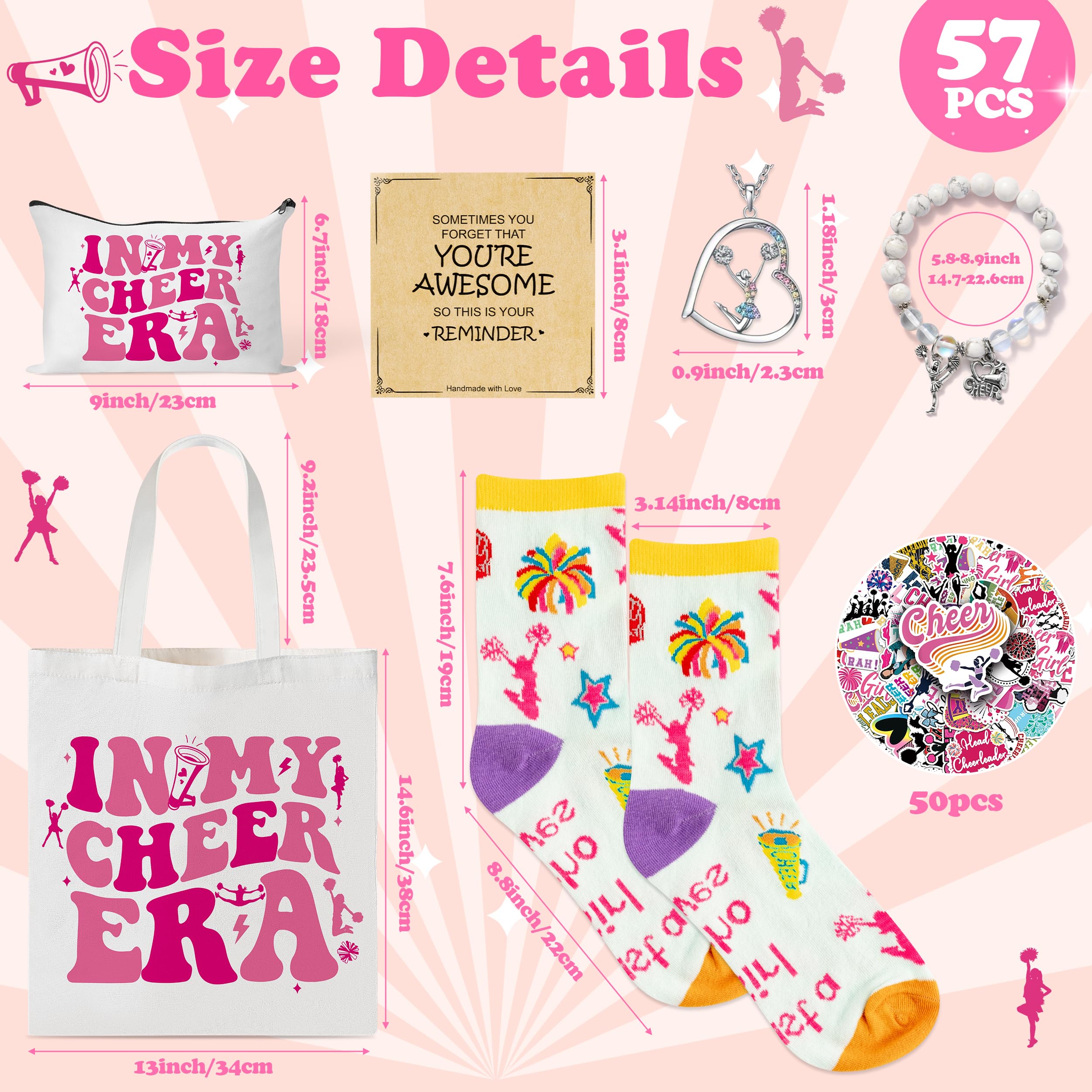 Y1tvei Cheerleader Canvas Bag Gifts - 57Pcs In My Cheer Era Canvas Tote Bag Makeup Pouch, Cheer Bracelet Necklace Encouragement Card Stickers Socks, Cheerleading Lover Gift Set for Women Cheerleaders