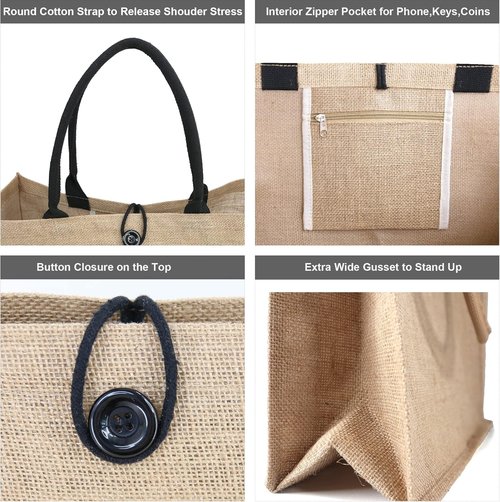 BeeGreen Jute Beach Bag - Extra Large 20'' x 16'' x 7.25'' Tote with Inner Zipper Pocket | Personalized Black Burlap Design