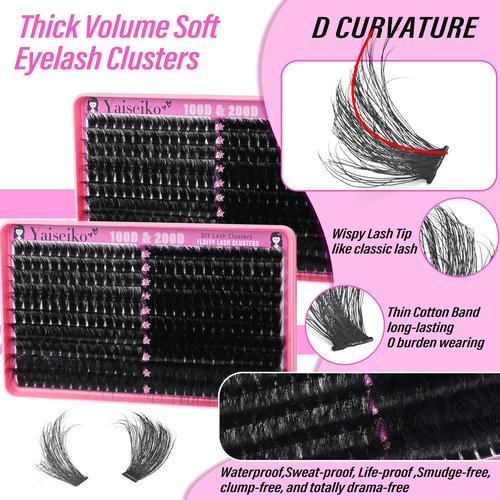 Lash Clusters 100D+200D Thick Volume Eyelash Clusters 12-25mm Wispy Individual Mega Lashes Cluster Long Eyelash Extensions 280Pcs DIY Lash Extension Replacement for Yaiseiko