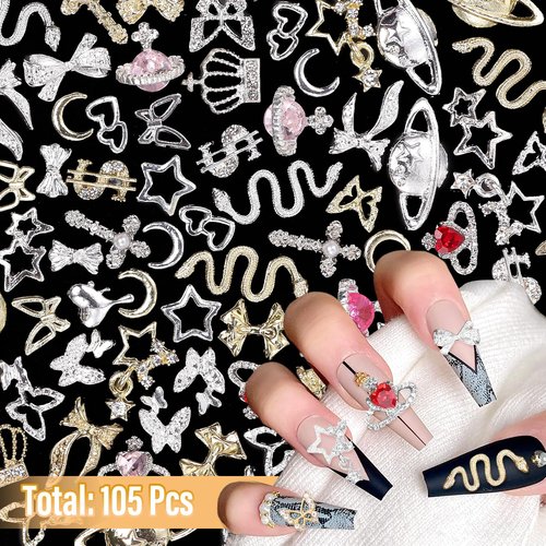 105 Pcs Silver+Gold Nail Gems Charms, Planet Crown Dollar Nail Gems Snake Star Bow Nail Charms 3D Cross Nail Art Jewelry Charms + Gold Dollar Charms for Nail Art DIY Jewel Accessories