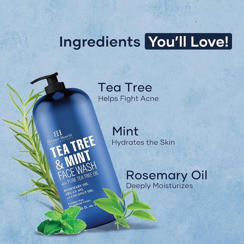 Botanic Hearth Tea Tree Face Wash - Acne Fighting & Hydrating Liquid Soap with Pure Tea Tree Oil | 16 Fl Oz