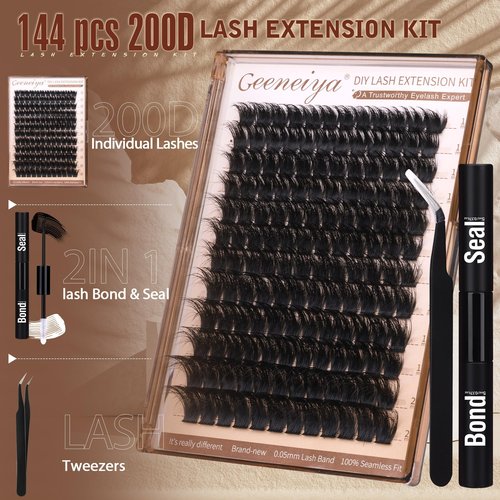Geeneiya 200D Lash Clusters Kit Thick Lash Extension Kit 10-20mm Wispy Cluster Eyelash Extensions Individual Eyelashes Kit with Lash Bond and Seal DIY Lashes Applicator for Beginners