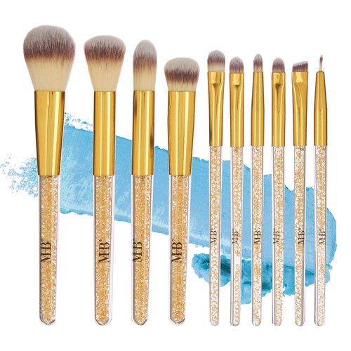 10pc Pro Makeup Brush Set w/Sparkling Gemstones in Gold - 10 Quality Soft Bristle Makeup Brushes For Everyday Use - Professional Makeup Brushes & Tools