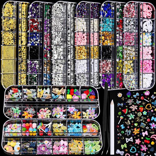FANDAMEI Nail Charms and Gems, 8 Boxes Nail Art Kit for Design, Multi-Shape Rhinestones for Nails Flat Back Pearls Jewels, 3D Fruit Flower Candy Nail Charms, Gold Nail Studs Jewels