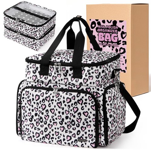 DERSTUEWE Nail Polish Organizer Case – Waterproof Travel Bag with Hard Bottom – Double Layer Nail Storage Bag with Adjustable Dividers & Nail Lamp Compartment (Multi Print)