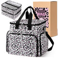 DERSTUEWE Nail Polish Organizer Case – Waterproof Travel Bag with Hard Bottom – Double Layer Nail Storage Bag with Adjustable Dividers & Nail Lamp Compartment (Multi Print)